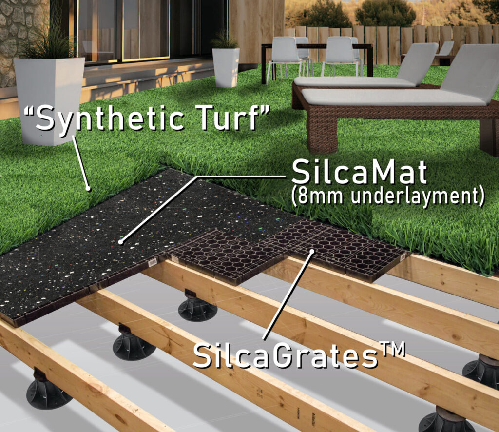 Rooftop deck installation using the Stonedeks system to combine materials such as synthetic turf, stone, and pavers